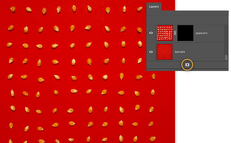 9 by 9 rows of un popped kernels on red background, Adobe Photoshop layers panel with 2 layers and layer mask icon circled.