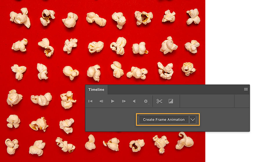 All popcorn kernels are popped. Adobe Photoshop Timeline shows Create Frame Animation option highlighted in orange