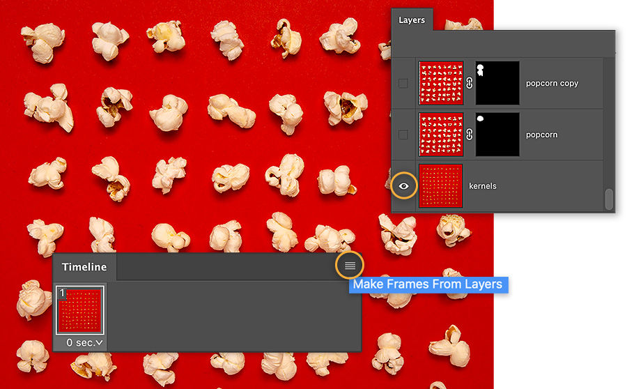 Adobe Photoshop animation timeline has 1 frame, Make Frames from Layers circled. Layers panel - 3 layers, 2 have layer masks
