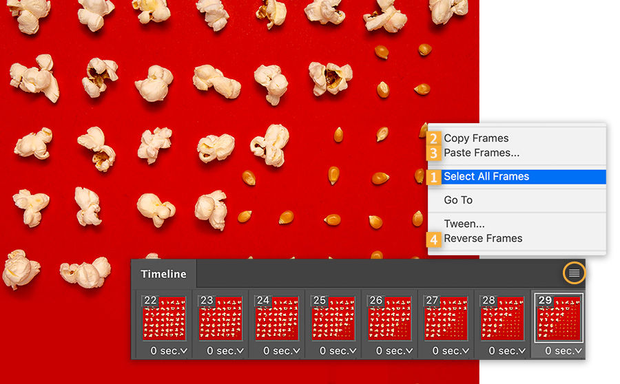Animation timeline shows 22-29 frames, right-menu shows Select All Frames, Copy Frames, Paste Frames, Reverse Frames numbered