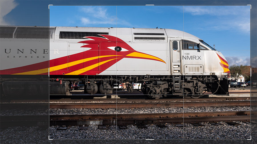 Photo showing the Rail Runner train with crop marks highlighting a section of the image