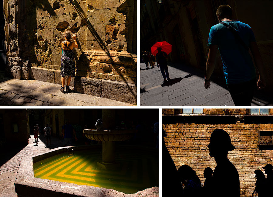 4-picture grid showing some of Agea’s street photography. Each photo shows a scene with contrasting shadows and light.