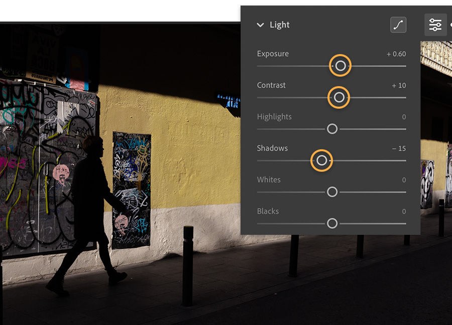 Light panel in Lightroom CC in front of a street scene. Exposure is set to .60; Contrast is set to 10, Shadows set to -15.
