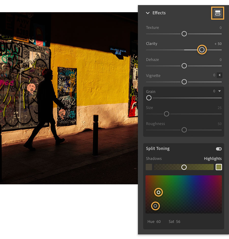 Effects panel sliders adjusted to enhance photo clarity and Split Toning panel adds yellows to shadows and highlights.