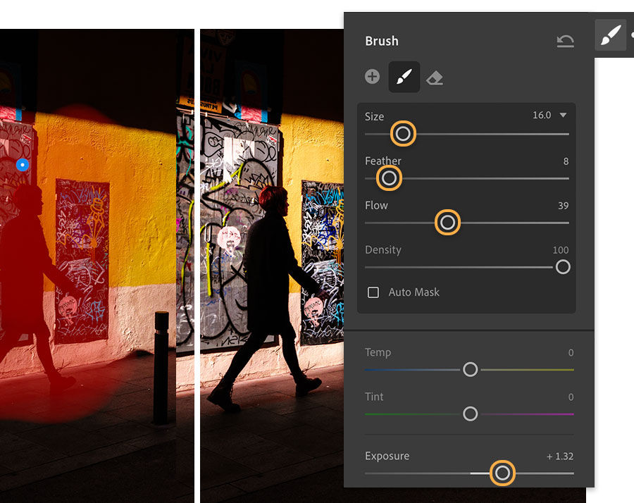 Adjustment brush used to make selective photo edits and increase exposure of person walking down the street.