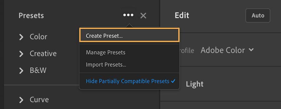 Create preset option selected to save custom Lightroom presets for future use.