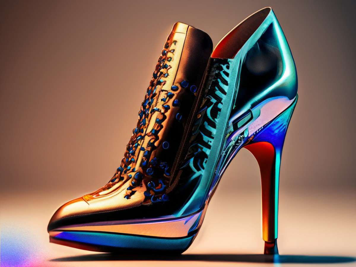 The image is of a high-heeled shoe with a striking, intricate, and futuristic design. The color scheme shifts from cool blue tones at the heel to warm red tones, creating a gradient effect. The image also features machinery or mechanical highlights with a feeling of depth. It's an example of an image generated when the Text to Image feature is used with a descriptive text prompt.