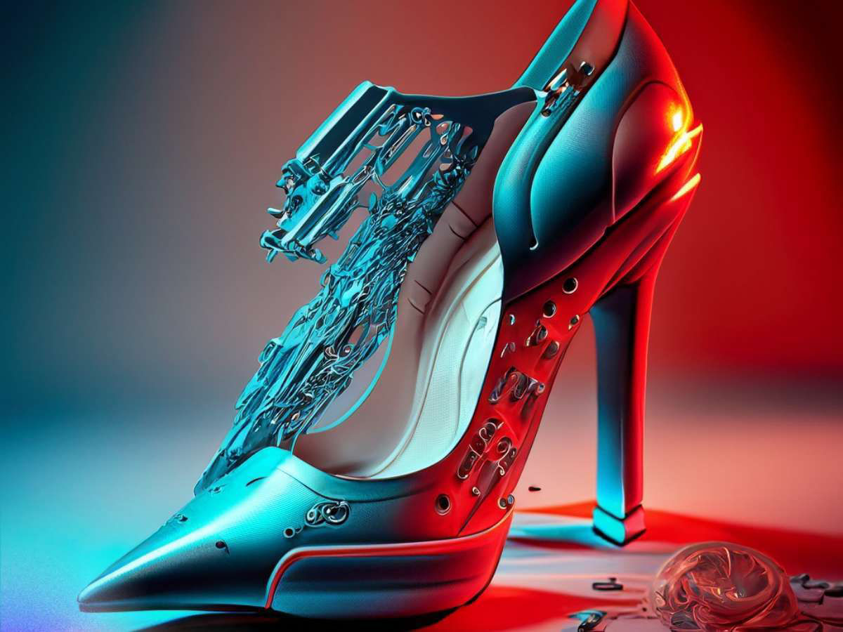 The image is of a high-heeled shoe with a striking, intricate, and futuristic design. The color scheme shifts from cool blue tones at the heel to warm red tones, creating a gradient effect. The image also features machinery or mechanical highlights with a feeling of depth. It's an example of an image generated when the Text to Image feature is used with a descriptive text prompt.