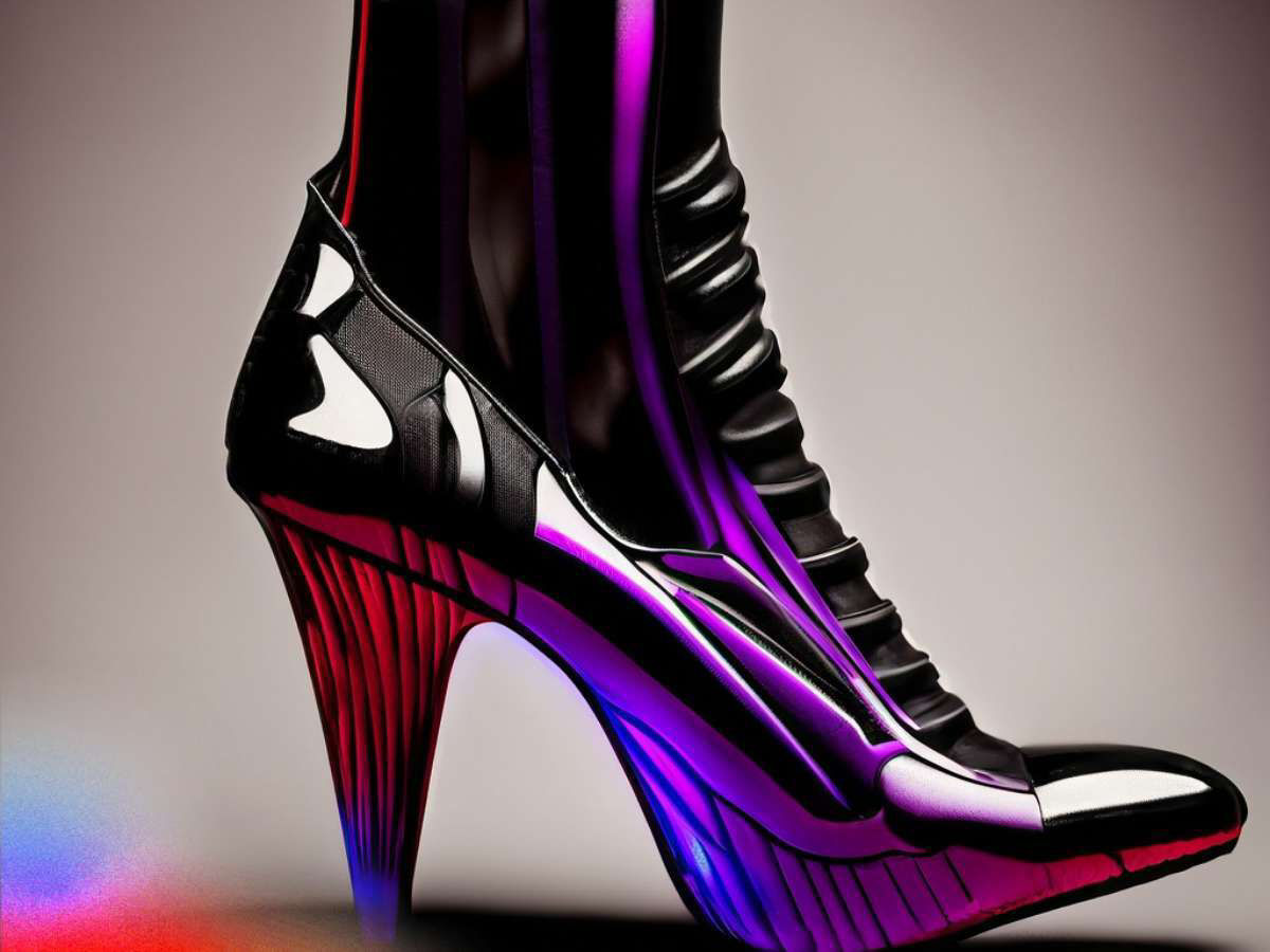 The image of a high-heeled shoe has a unique and futuristic design and features a combination of black and metallic colors. It's an example of an image generated when the Text to Image feature is used with a simple text prompt.