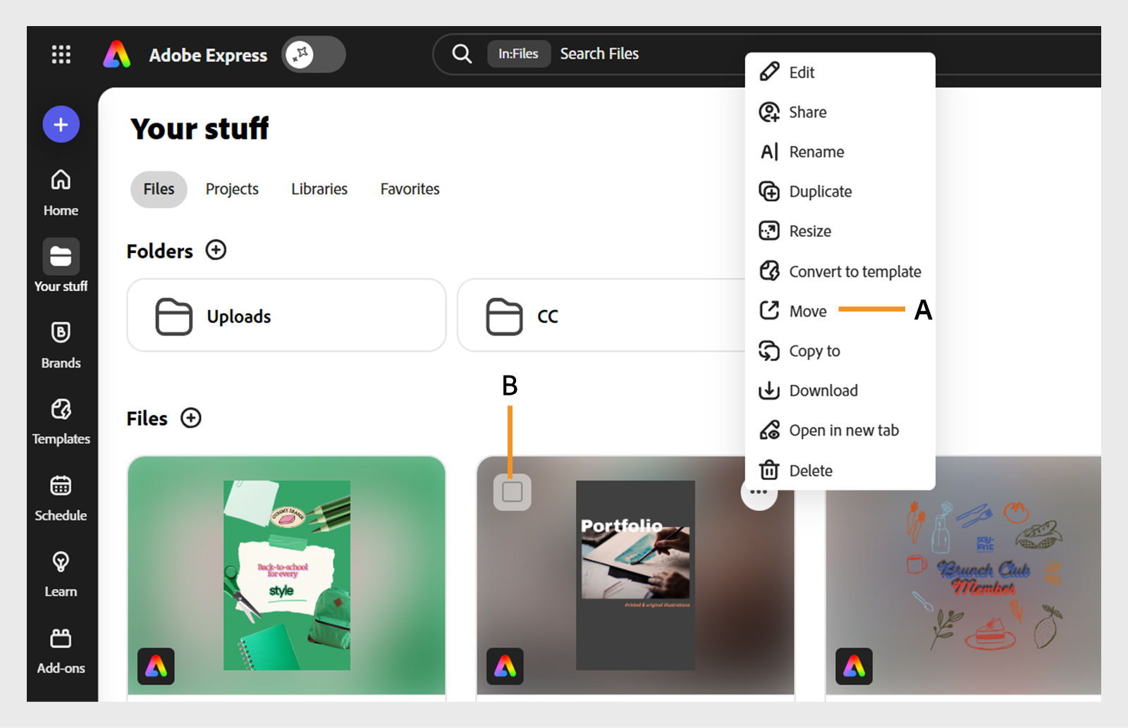 Files panel open in Adobe Express. Option A and B, to move a single file, or B to move multiple files into a project.