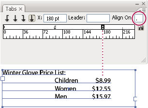 Text aligned using a decimal tab