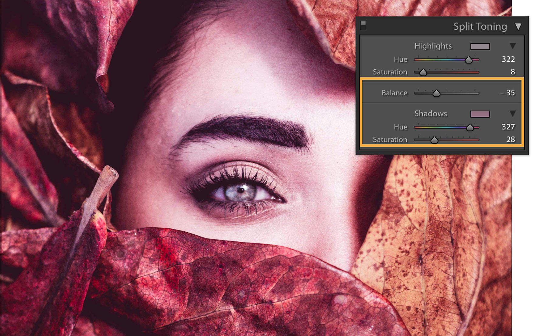 The shadows hue and saturation are adjusted independently of the highlights.