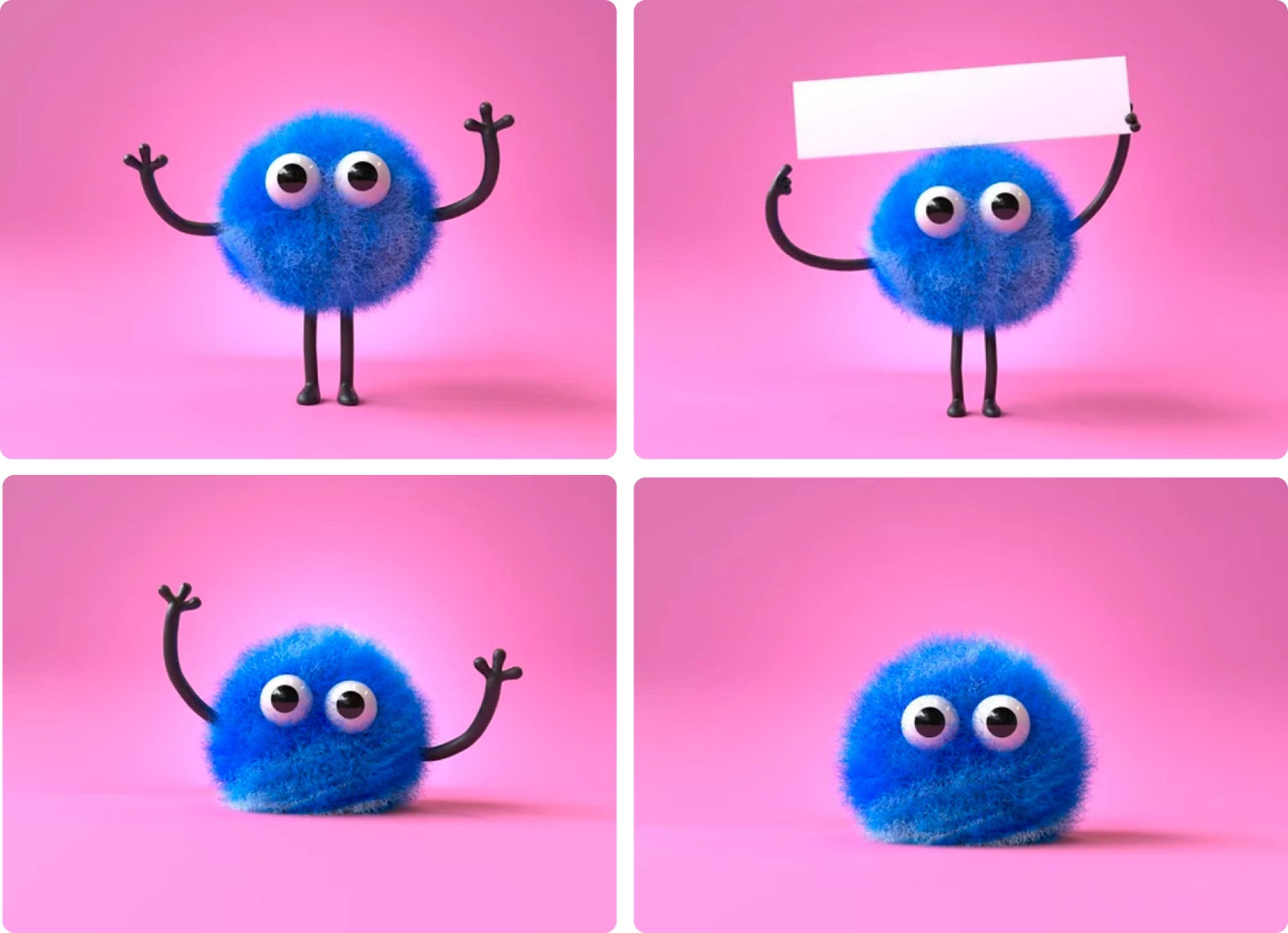 Four separate panels, each featuring a stylized, cartoonish character against a pink background. The character is a fluffy, round creature with two large eyes and small limbs. This image is to depict the types of images that are suitable and optimal for training custom models in Firefly.