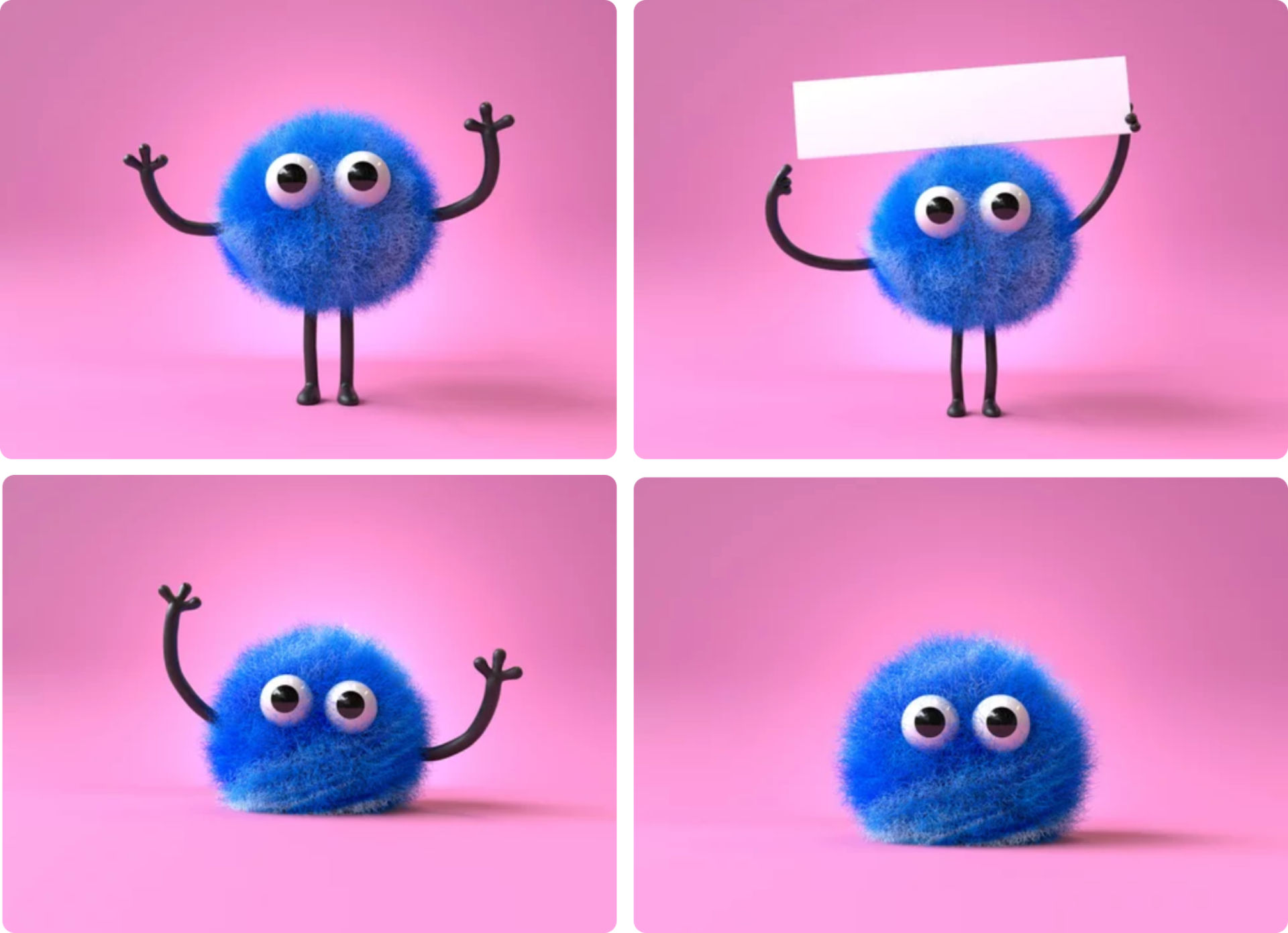 Set of four images showing a blue furry character with consistent style across images.