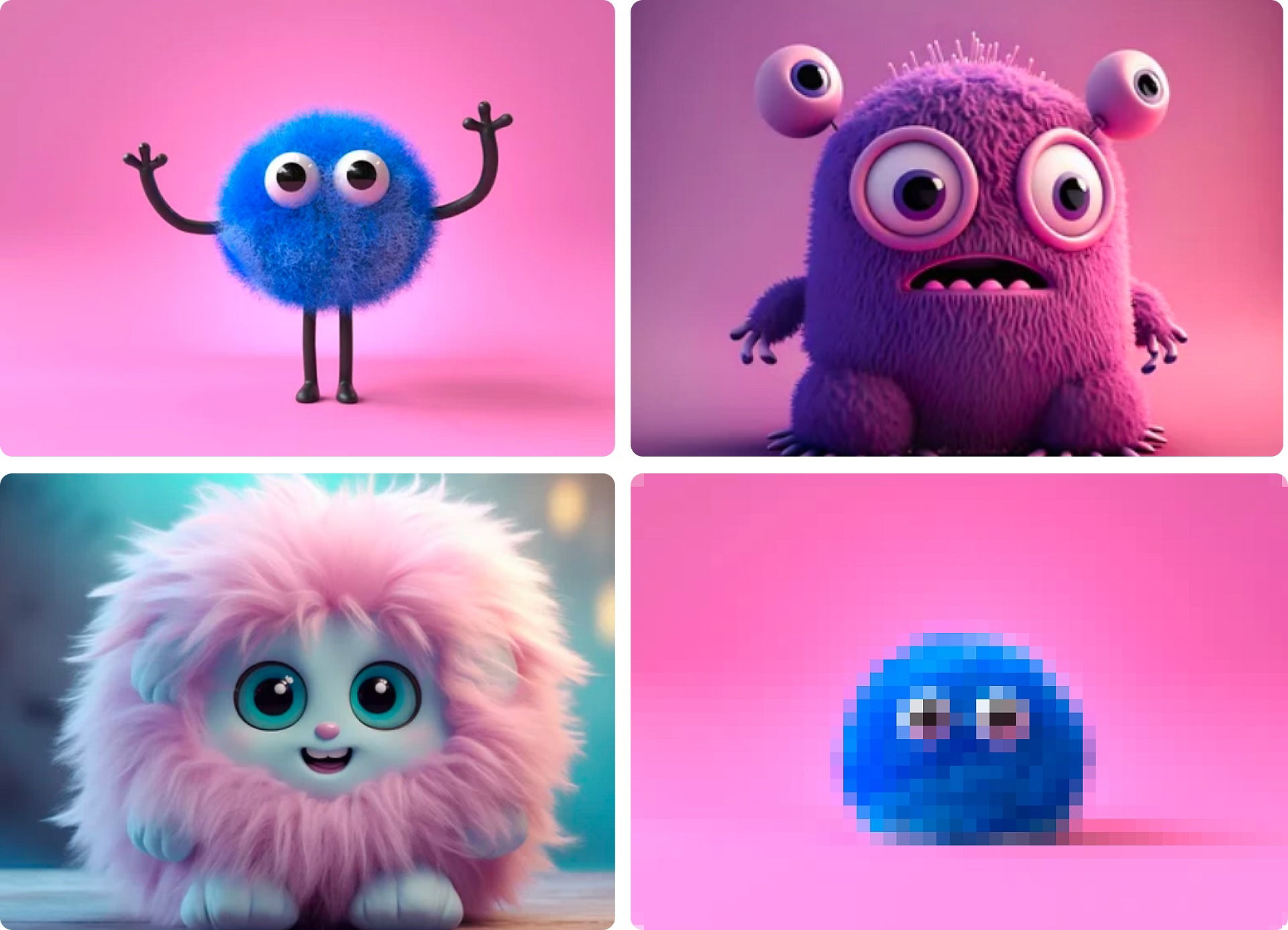 Four panels, each featuring different images. From a small, round creature with blue fur and a larger creature with purple fur and multiple eyes to a Blurred image of a creature with blue fur and two large eyes. This image is to depict the types of images that are not suitable for training custom models in Firefly.