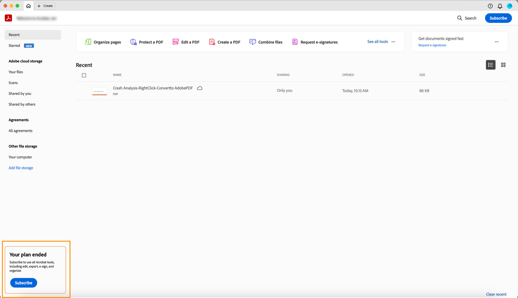 Banner to subscribe to Acrobat pro once your subscription expires