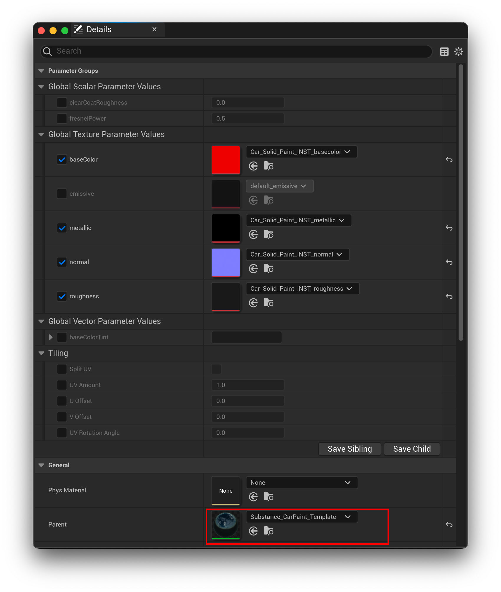 details menu for a Substance Car Paint material