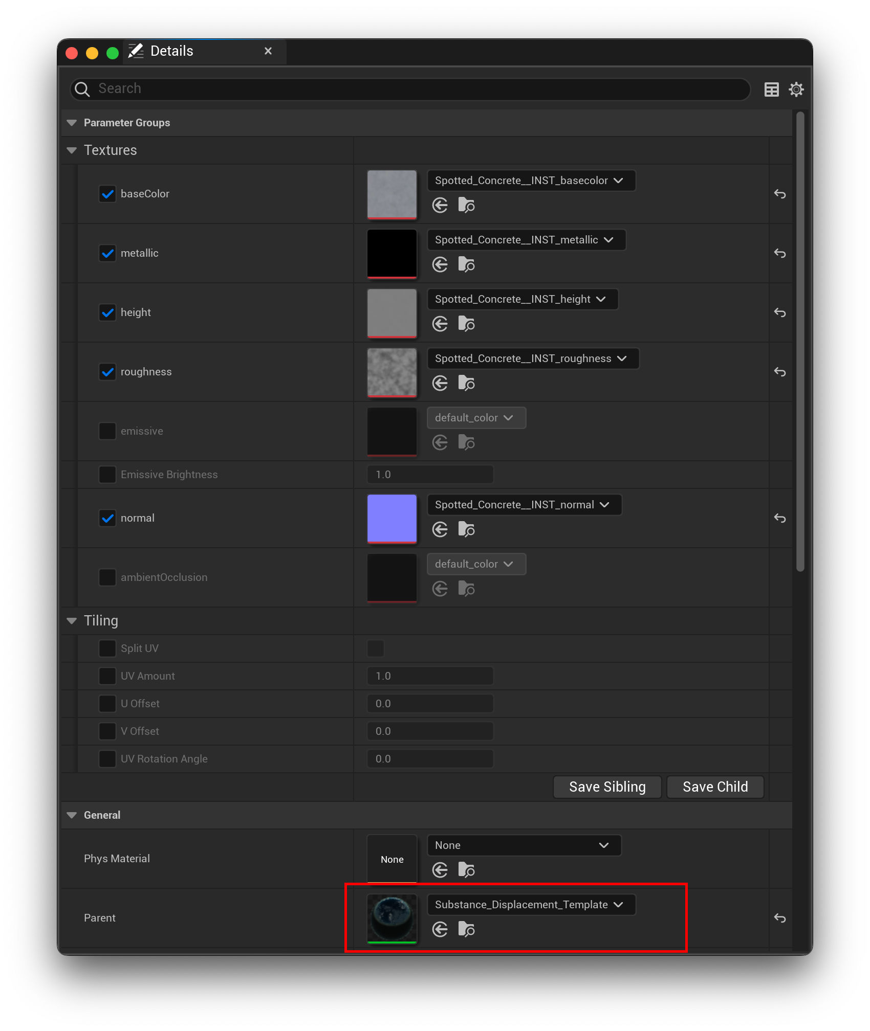 details menu for a Substance Displacement material