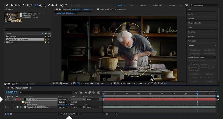 Composition panel shows a feathered mask, revealing the potter at work; the rest of the comp is darker