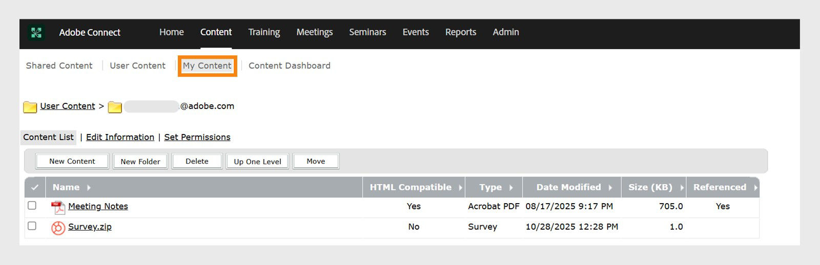 Content tab showing the option to view the saved surveys.