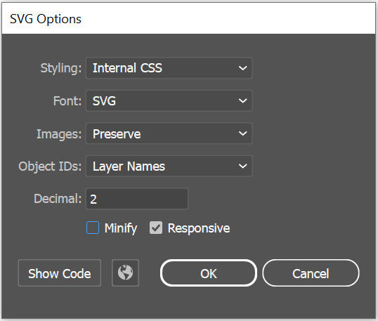 SVG export options dialog box