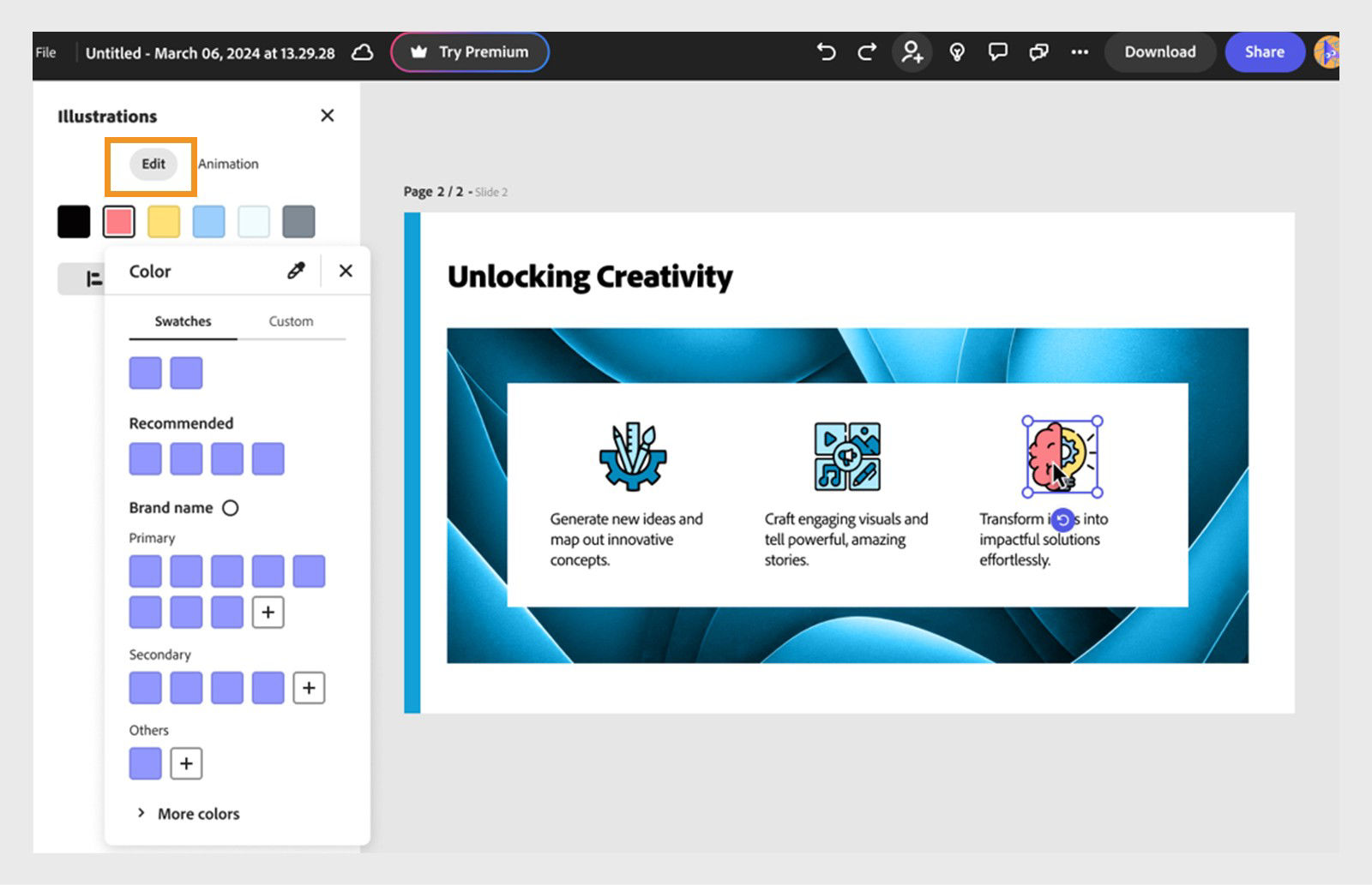 An Adobe Express design is open in the editor, with an SVG selected. The edit panel displays individual element colors of the SVG, allowing you to recolor each part.