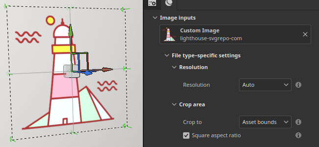 Image showing an svg file projected on a mesh next to a list of parameters