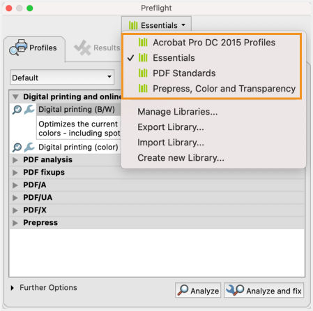 The Preflight dialog box is shown. All the default libraries are highlighted. 