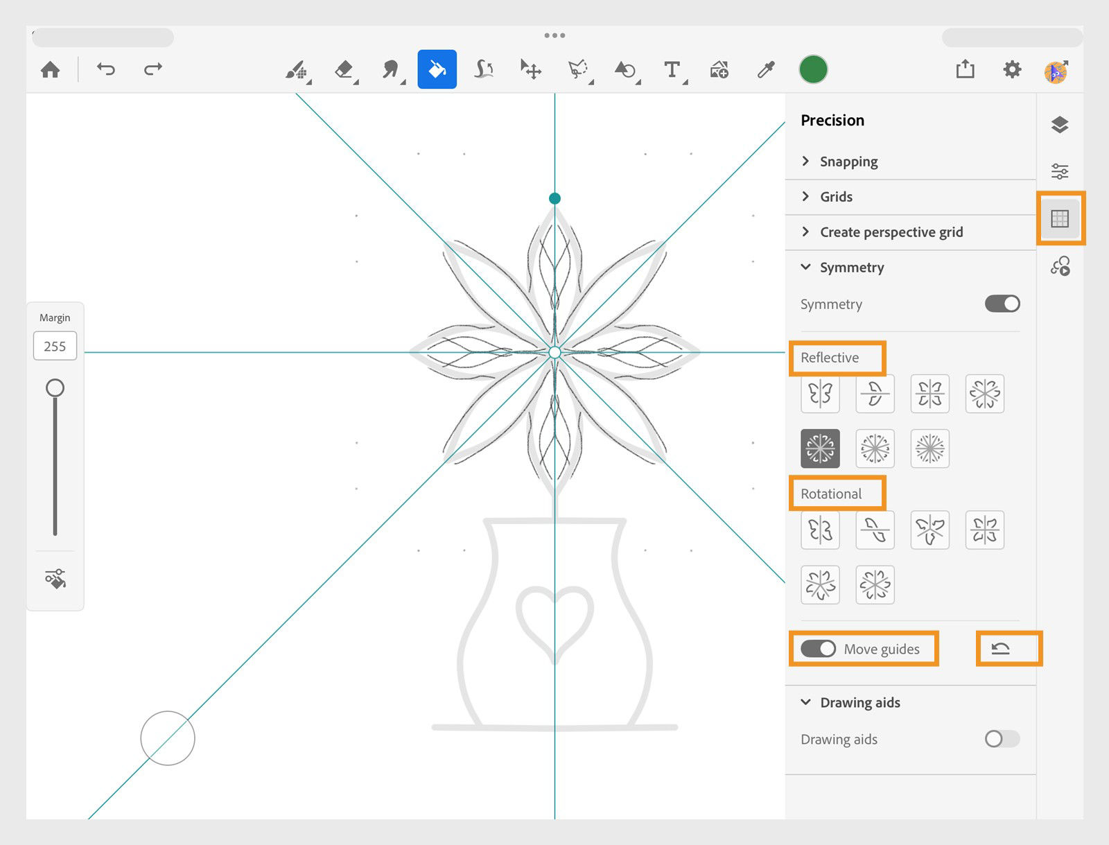 Symmetry settings open with reflective and rotational guides active, showing mirrored petal shapes arranged around a central axis.