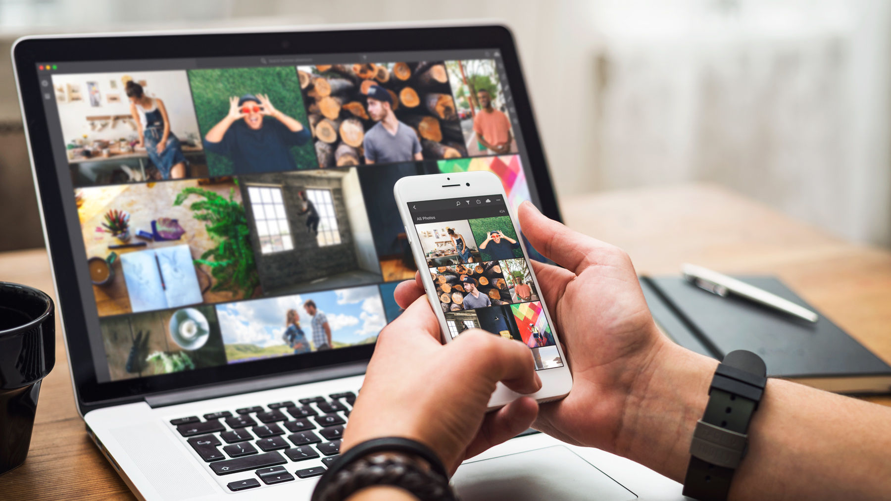 Mobile device displays the same images as laptop computer in Adobe Lightroom.