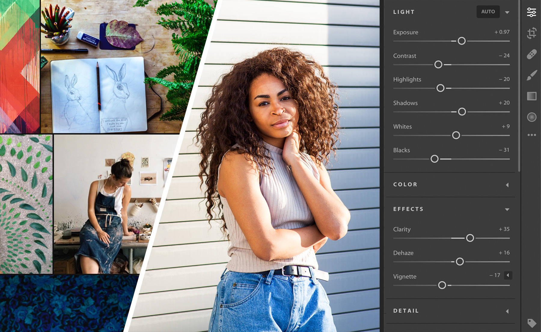 Left: Multiple photos in Adobe Lightroom. Right: Woman standing in the sun, Lightroom Light and Effects sliders are open.