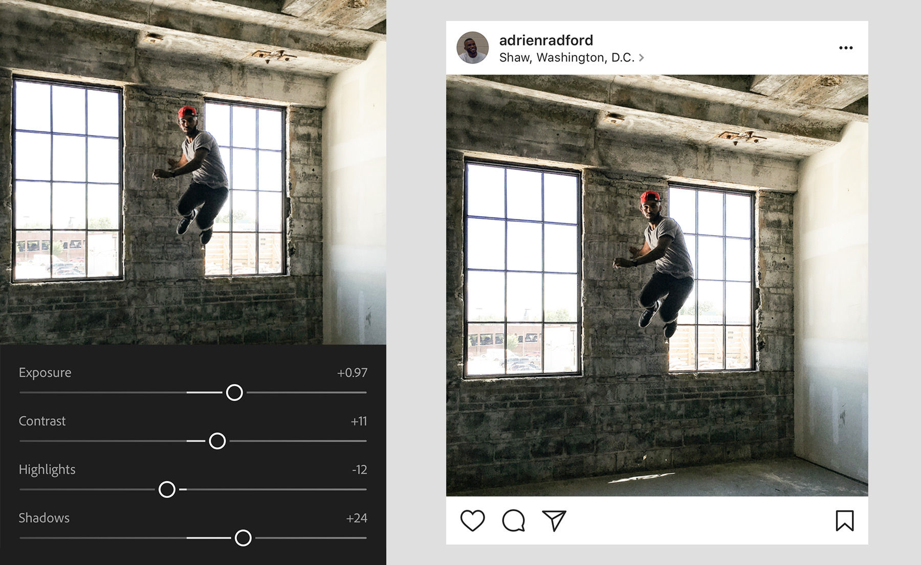 Man jumping high in the air in a building is edited in Lightroom for mobile, then shared to social media.