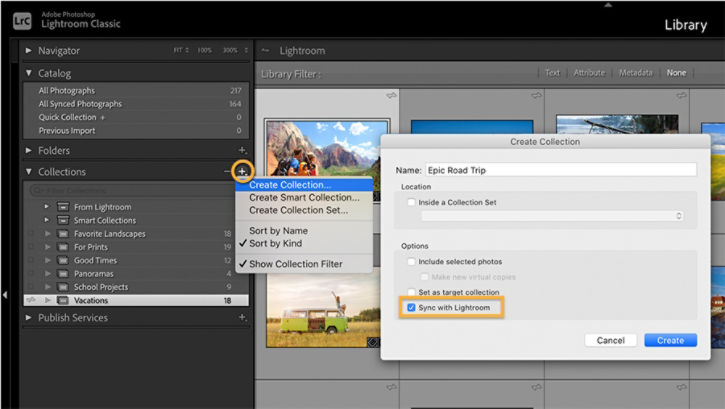 An open Create Collection window. The option Sync With Lightroom is checked.