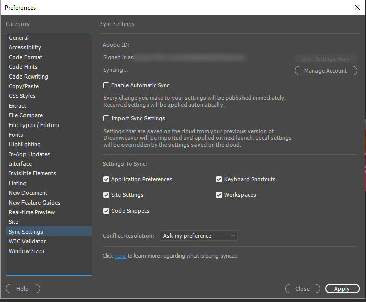 Sync Settings in Preferences dialog box