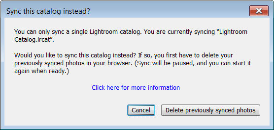 Delete previously synced catalog dialog box redirects you to Lightroom on the web 