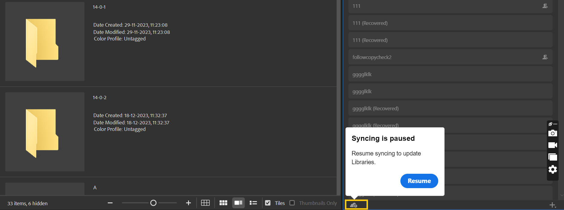 Library syncing paused in Adobe Bridge.