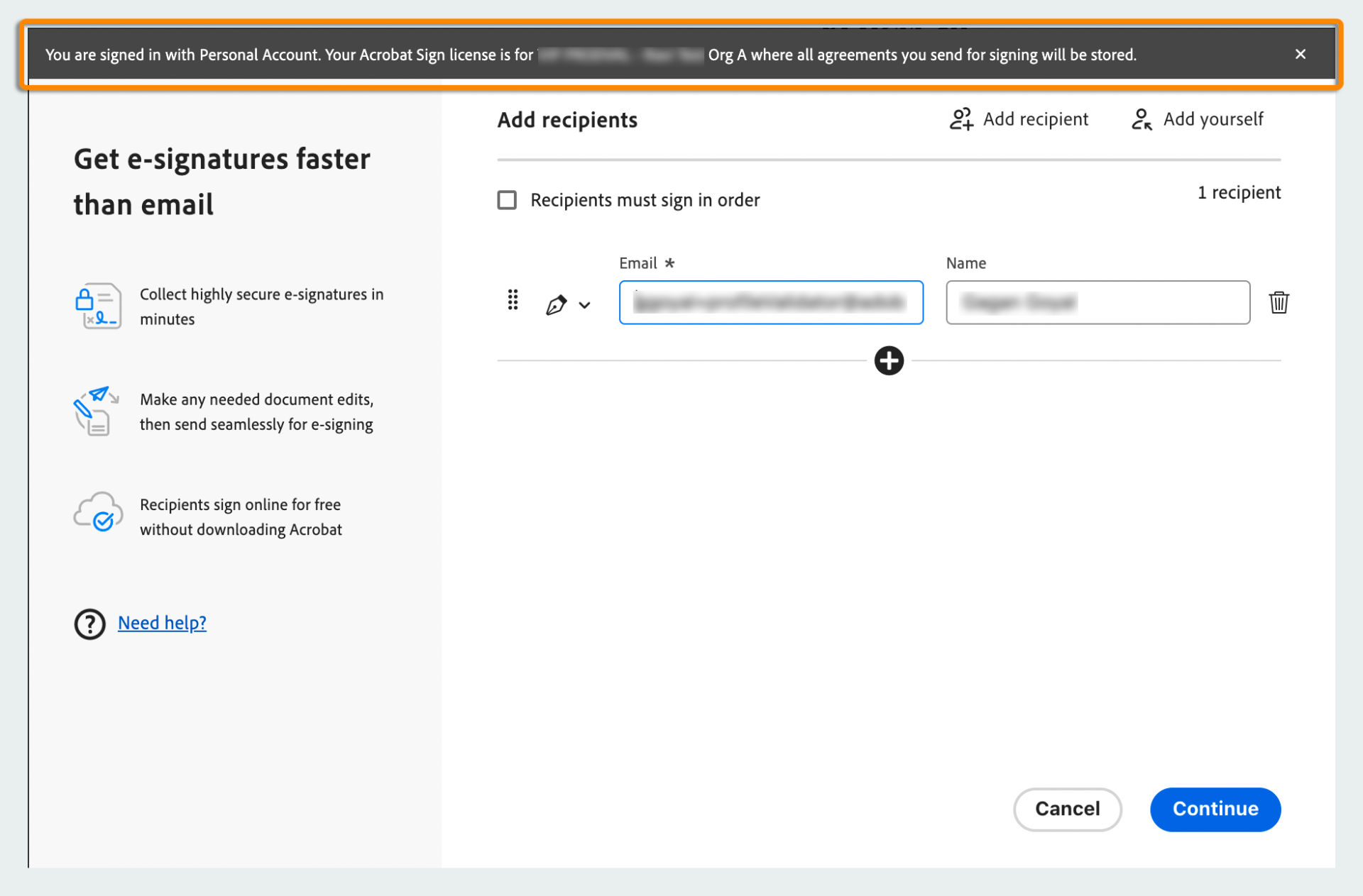 Acrobat displays message informing that the org id is used to send document for signature