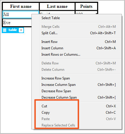 Editing options for table cells in Live view