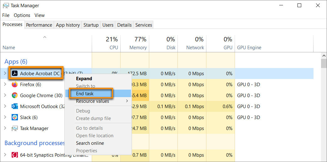 Right-click Acrobat and choose End Task to kill it