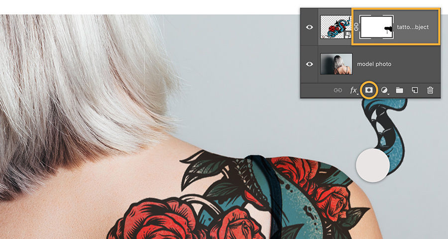 Add Photoshop mask to tattoo layer and brush to hide areas of tattoo that extend off the shoulder