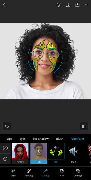 An image selected with FU1 tattoo under the Makeup > Face Paint > Fun category. 