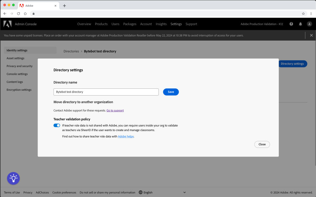 A screenshot of the admin console directory settings