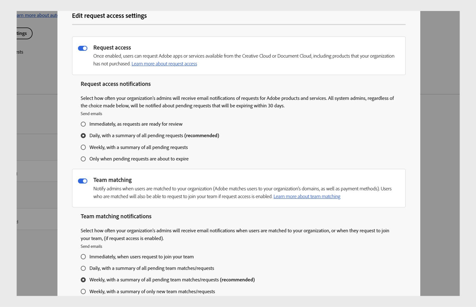 Edit request access settings panel showing Request access, notification frequency, and Team matching toggles.