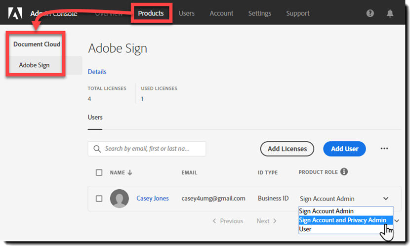 Navigate to the Adobe Sign product and edit user