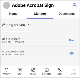 Application mobile Acrobat Sign pour Microsoft Teams