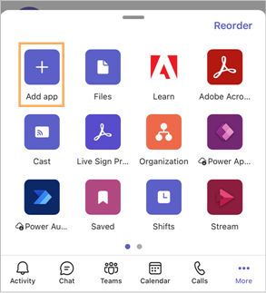 Ajoutez l’application Adobe Acrobat Sign depuis l’app store mobile de Microsoft Teams.