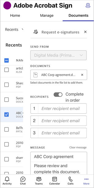 Select Request Signatures from the Documents tab of Acrobat Sign for Teams.