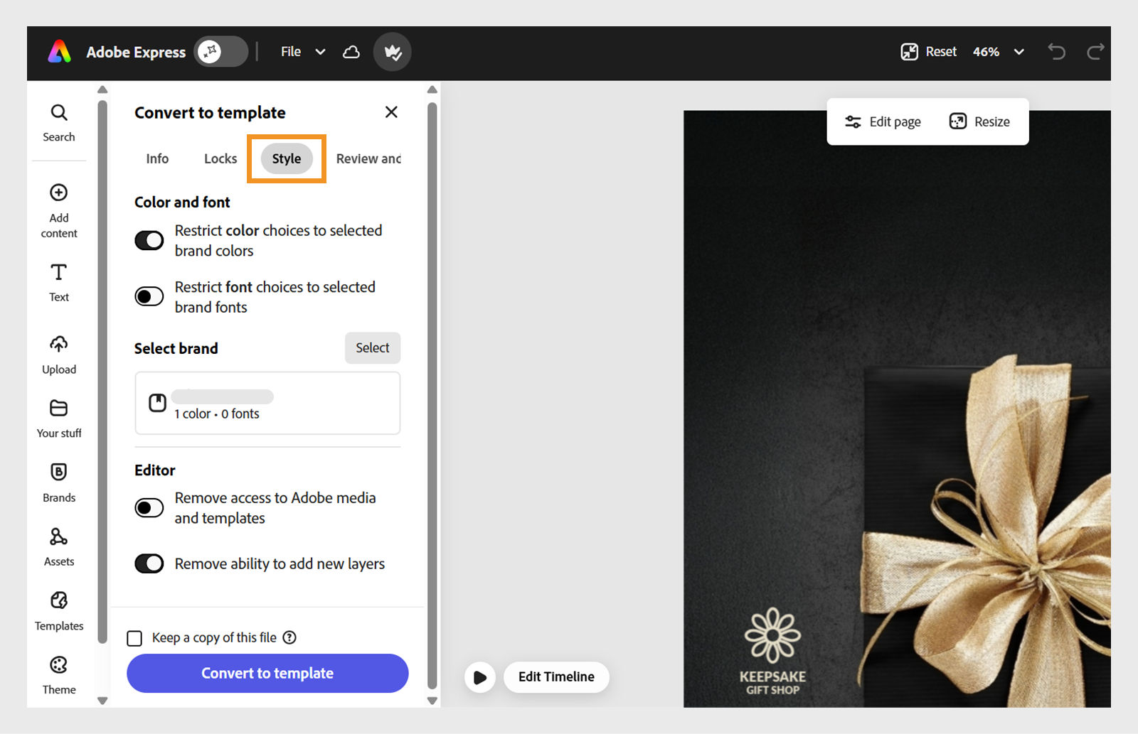 A music concert design is open in the Adobe Express editor with the Style tab selected in the Convert to template panel, showing options to restrict color, font, and editor settings.