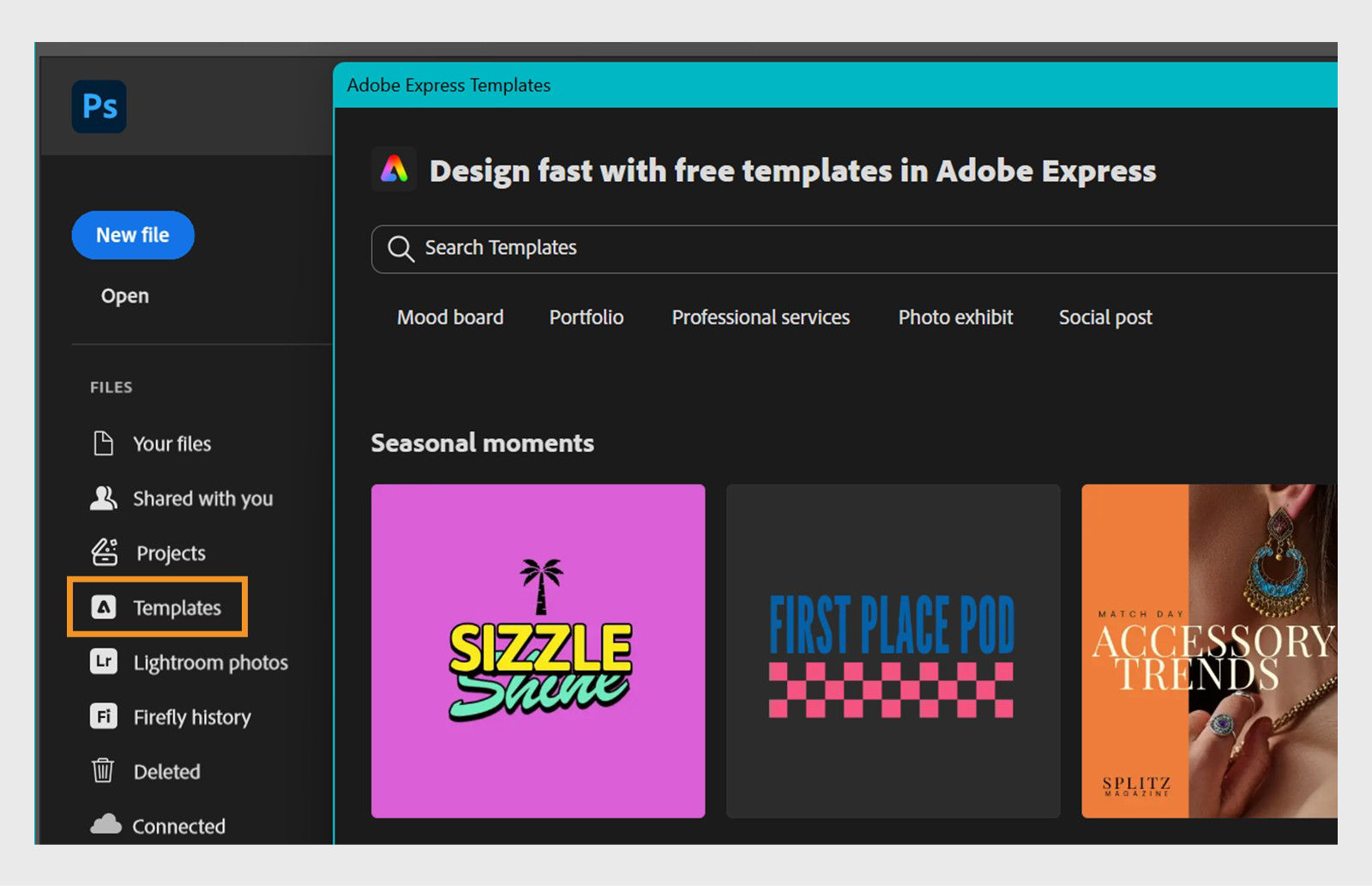 Photoshop interface showing the Templates section with Adobe Express templates. The screen displays a search bar, category tabs like Mood board and Portfolio.