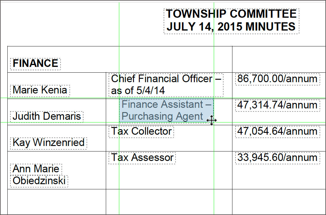 Text box selection within the table
